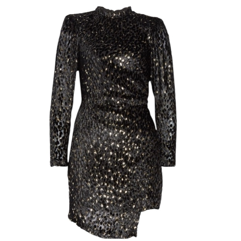 A.L.C. New Jane Velvet Long Sleeve Black Metallic Gold Mini Dress Size 14